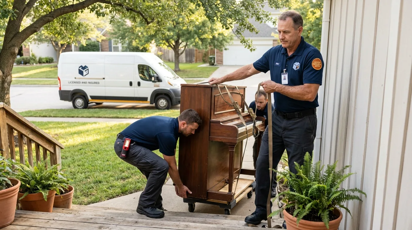 Licensed piano movers securing grand piano in Alexandria, VA