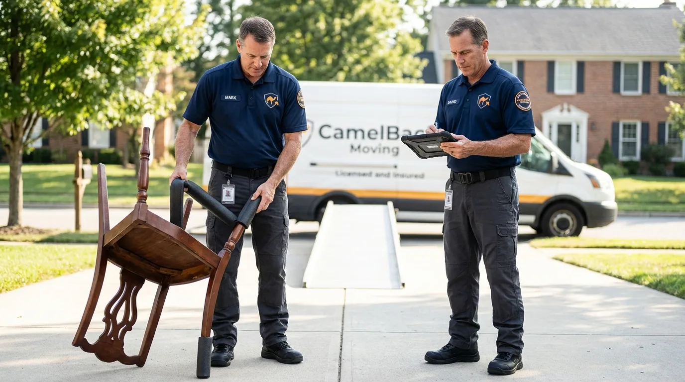 Movers inspecting furniture for damage prevention before loading in Alexandria, VA